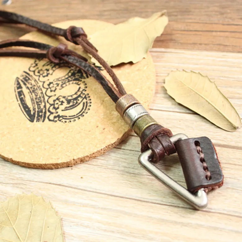 100% Genuine Leather Necklaces Vintage Triangle Pendants Adjustable Brown Rope Chain Women Men Jewellery bisuteria hombre (3)