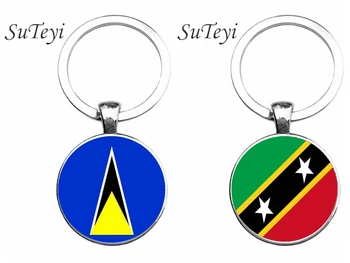 

SUTEYI Vintage Flag Keychain Saint Kitts and Nevis/Saint Lucia Flag Car Key Ring Jewellery Glass Dome Women's Handbag Key Chain