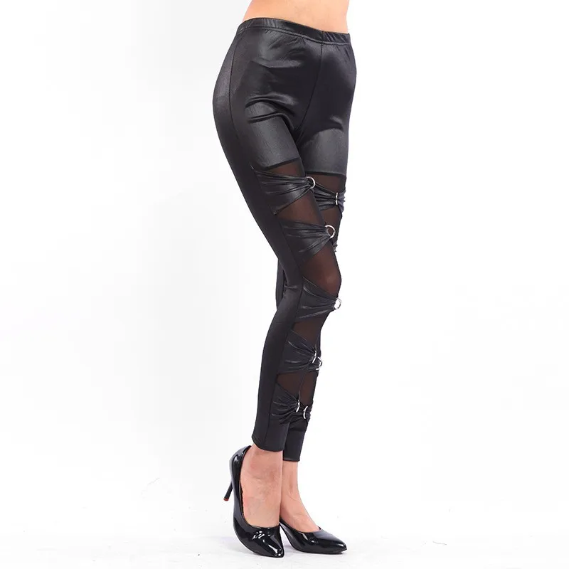 lady sexy punk rock metal leggings gothic lace up leggings night bar club ring cross legging fake leather riveet pant capri leggings