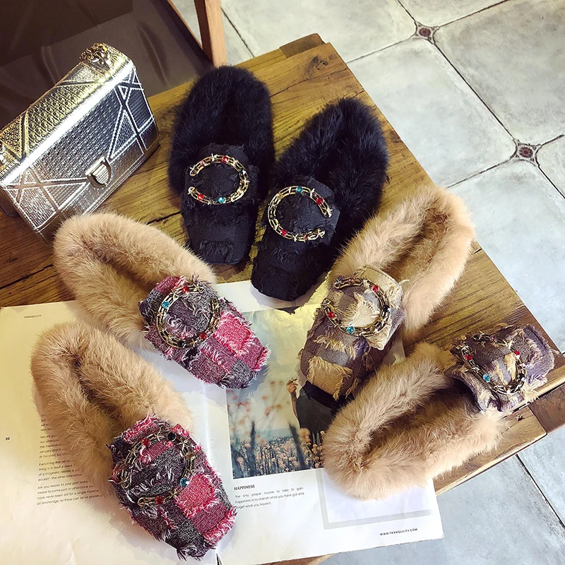 

Chowaring woman slippers Rabbit fur slides mules Slipper Shoes women loafer 2018 home footwear Autumn outdoor Slippers
