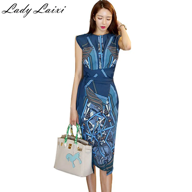 

2019 Summer Vintage Print Sexy Waist Tie Sheath Bodycon Pencil Dresses Fitted OL Elegant Slim party work Vestidos