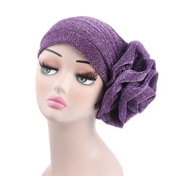

25PCS / LOT SINGYOU New Bright Yarn Big Flower Beanie Turban Cap Muslim India Hats Fashion Casual Head Scarf Wrap Cap