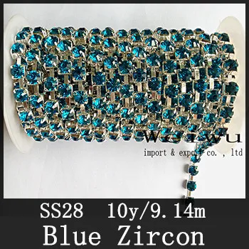 

28ss 6.0-6.2mm 10 Yards Blue Zircon Strass Chain Silver Base Sewing Rhinestone Cup Chain