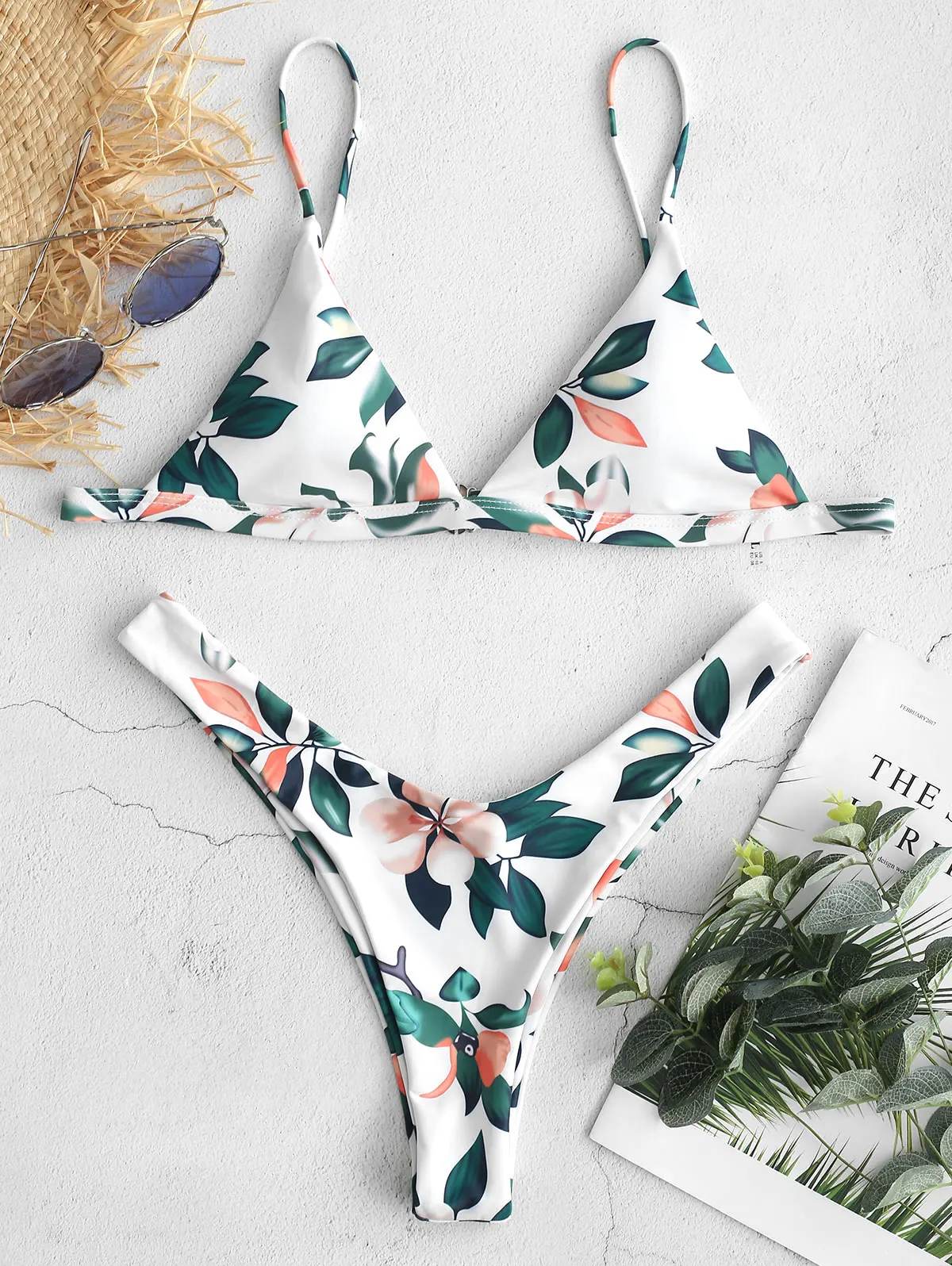 ZAFUL Leaf Print Набор для бикини с глубоким вырезом и Тонкий-бретельками Свободный мягкий купальник Пуловер Повседневный пляжный купальник Бикини