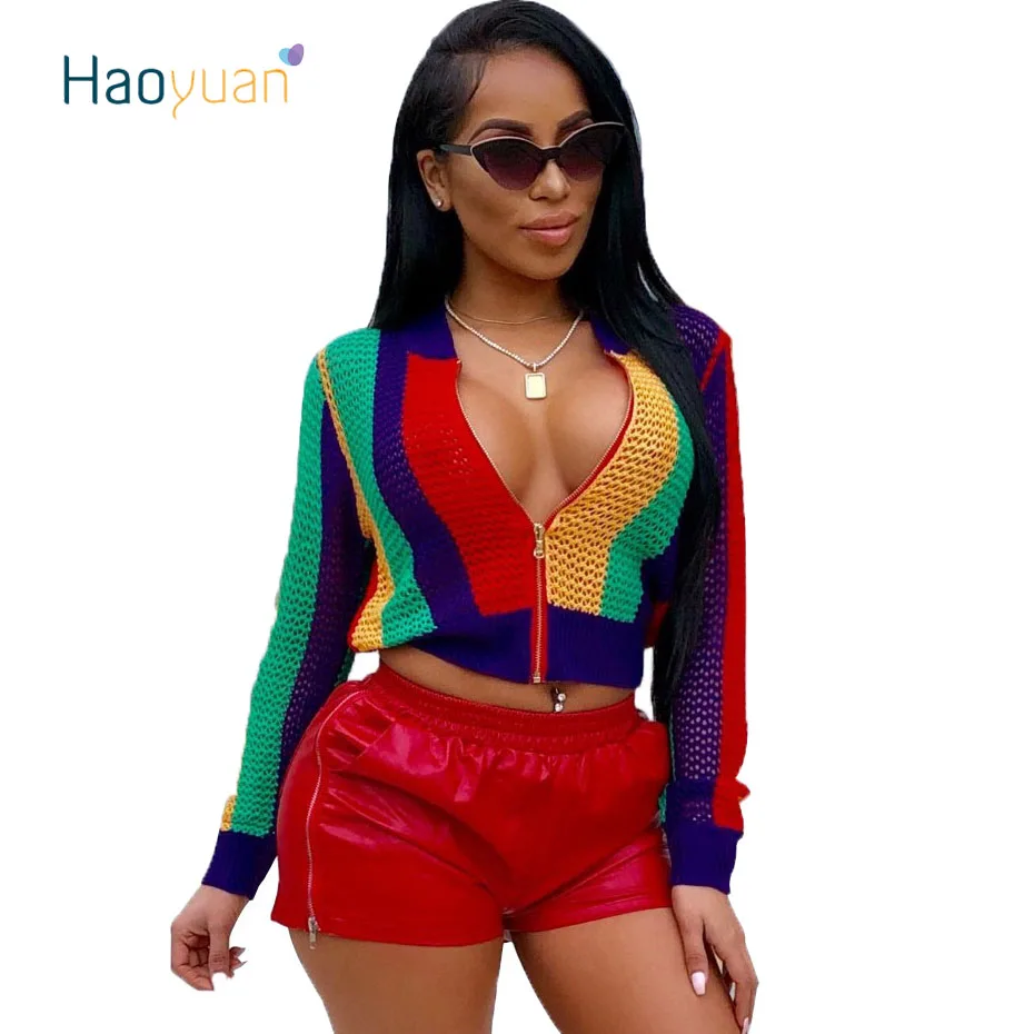 

HAOYUAN Mesh See Through Womens Short Jackets Coats Autumn 2018 New Long Sleeve Zippers Slim Striped Print Thin Outwear Jacket