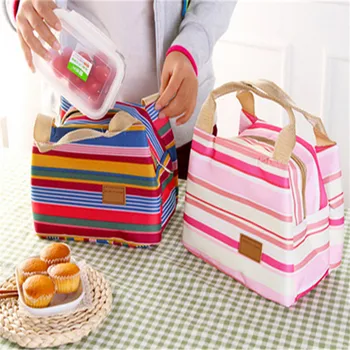 2017 Insulated Cold Canvas Stripe Picnic Totes Carry Case Hot Sale Thermal Portable Lunch Bag Free Shipping Top Quality S376