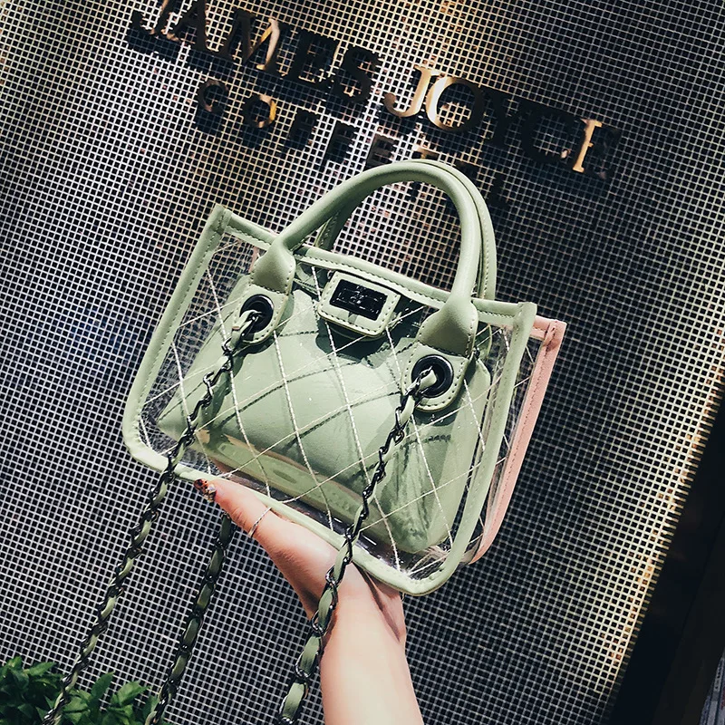 

2019 Summer New Handbag High Quality PVC Transparent Women Bag Tow Sets Tote Bag Beach Travel Chain Shoulder Messenger Bag