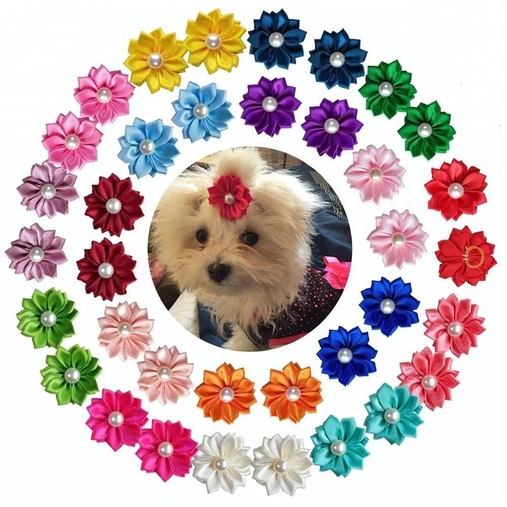 40Pcs Dog Hair Rubber Bands Flower Style With Pearls Handmade High