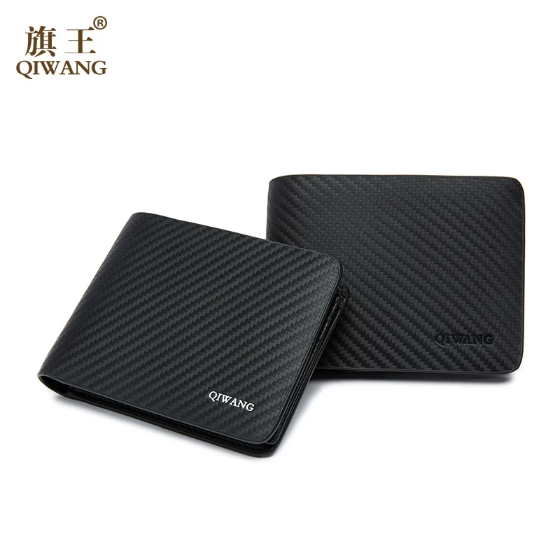 QIWANG Brand Men Wallet Carbon Genuine Leather Wallets Office Man Business Luxury Slim Wallets Purse Wallet for Man