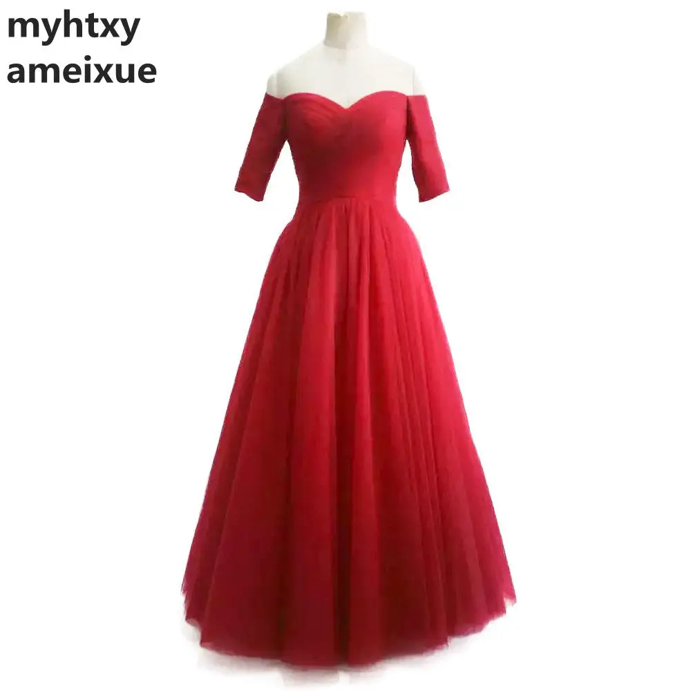 Us 1045 50 Offsweetheart A Line Half Robe Soiree Longue Femme Tulle Off The Shoulder Vintage Evening Dresses 2017 Custom Dress Red Tulle Dress In