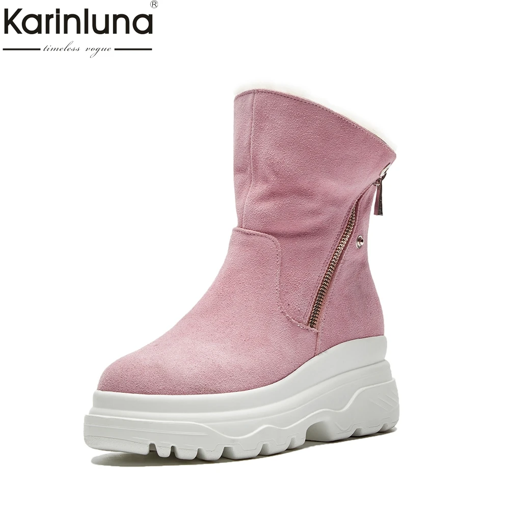 

Karinluna 2018 wholesale Fashion Cow Suede Russia Winter Warm Plush Snow Boots Woman Shoes Thick Fur mid-calf Boots Women Shoes
