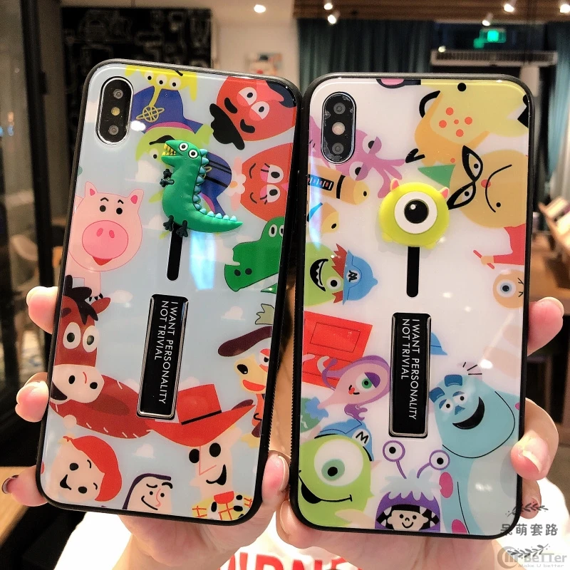 

For iPhone 7/8 plus phone case cartoon monsters shell X/XS Max XR cute toy story tempered glass cover 6/6S functional holder