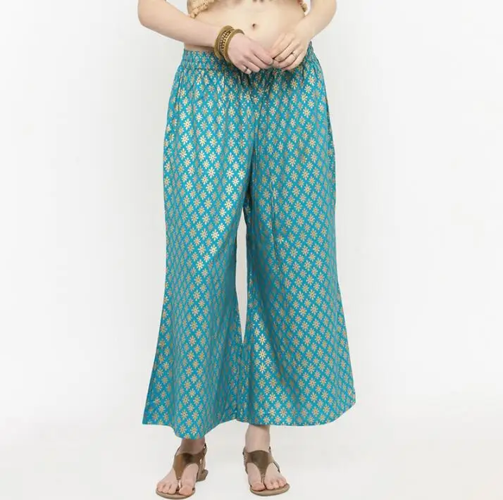 

India Traditional Woman Cotton Broad-legged Trousers Ethnic Style Spring Summer Blue Printing Bottom Pants