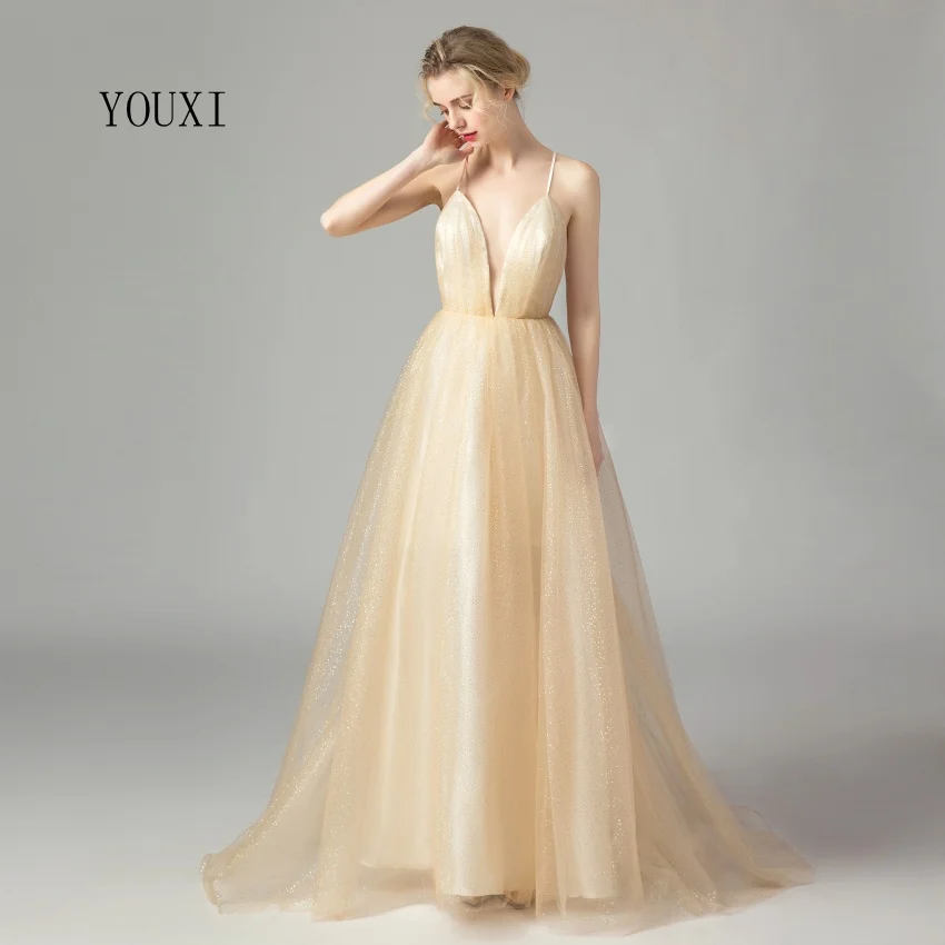 

Sexy Deep V-Neck Shiny Tulle Champagne Gold Long Prom Dresses 2019 New Arrival Formal Evening Party vestidos de gala