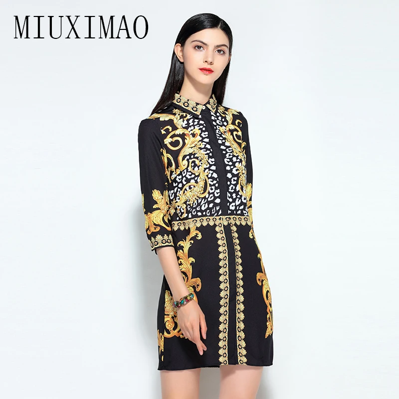 

2019 Spring Newest Fashion Europe Style A-Line Turn-Down Collar Wrist Floral Printed Casual Elegant Above Knee Mini Dress Women