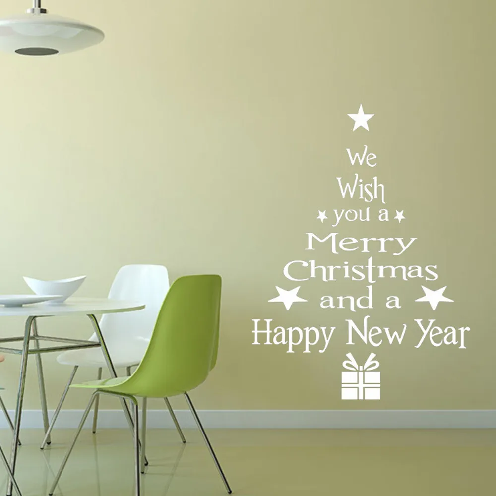 Festive Tree Gift Merry Christmas Quotes Wall Stickers Bedroom Living Room Home Decor 3D Vinyl Poster Wall Decal Removeable in Wall Stickers from Home