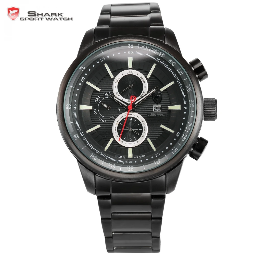 

Gummy Shark Sport Watch Full Black 3D Dashboard Date Day Calendar Steel Buckle Band Quartz Mens Military Outdoor Watches / SH370