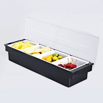 

Plastic Condiment Dispenser 4 Compartment Black Bar Condiment Holder, Cocktail Garnish Tray