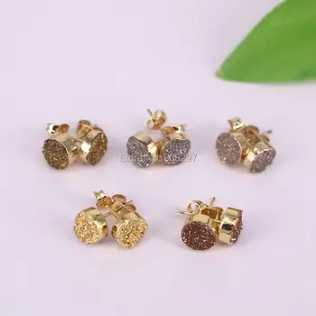 

6pair 8mm Gold Color Round Mixed Color Natural Titanium Gem Stud Earrings Jewelry