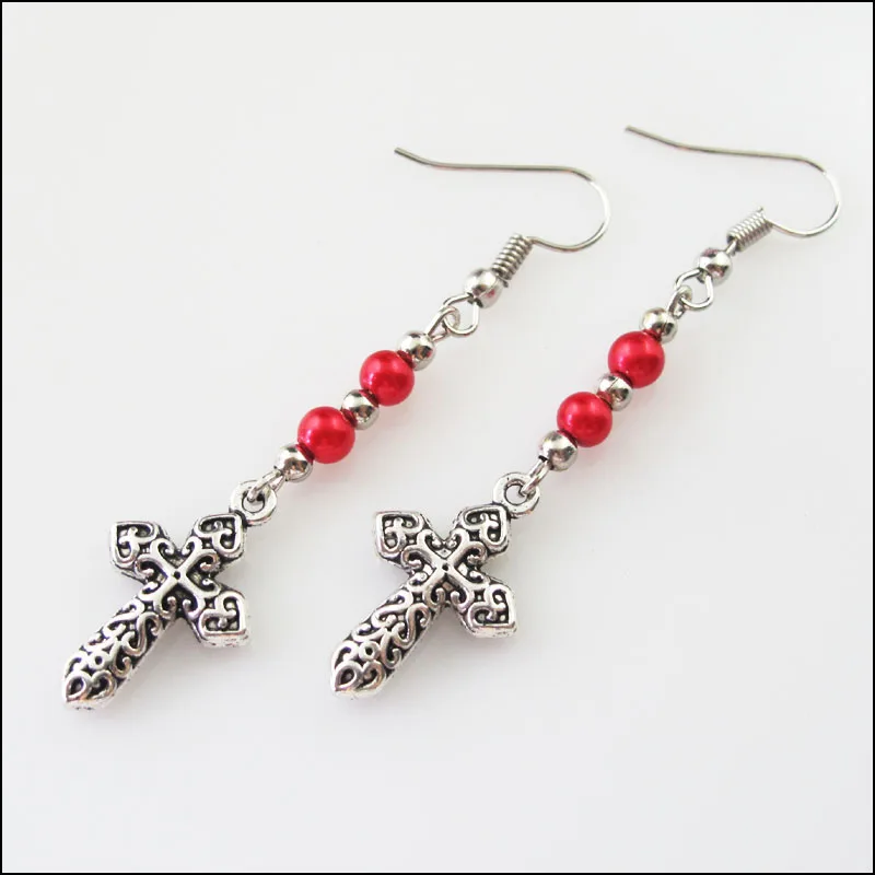 

New Winsome Silver Retro Cross Red Glass Dangle Hook Earrings Women Jewelry