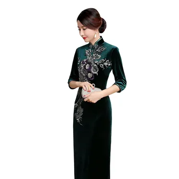 

Top Grade Green Chinese Tradition Women's Velour Mandarin Collar Embroider Flower Long Cheong-sam Dress Plus S-4XL T0026-C