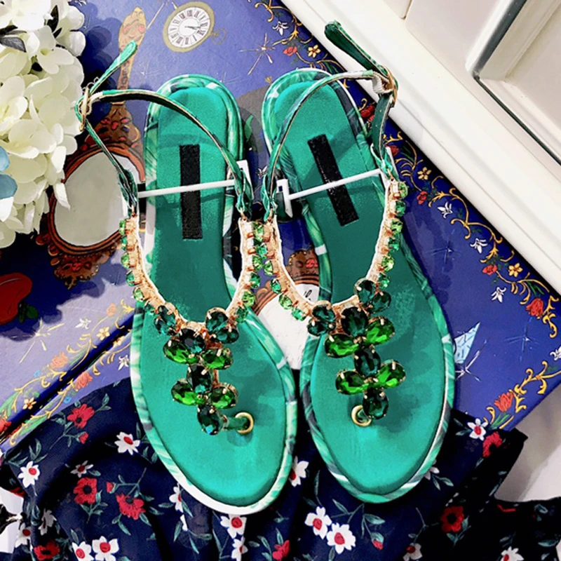 

Luxury Colorful Crystal Women Summer Sandals Sexy Printed Flower Peep Toe Buckle Strap Flats Shoes Runway Gladiator Shoes Woman