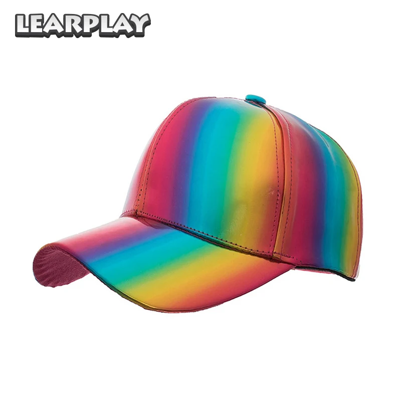 

PU Rainbow Laser Hats Shiny Leather Snapback Baseball Caps Hip Hop Fashion Adjustable Hat For Men Women Boys