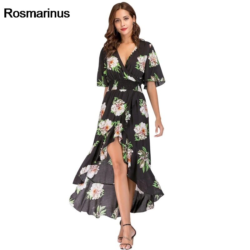 Floral Bohemian Long Dress 2018 Women Summer Deep V Neck Short Sleeve High Low Sexy Irregular Ruffles Beach Tunic Sundress | Женская