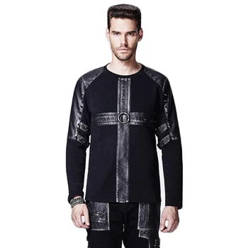 

Punk Men Long Sleeve T-shirt New Style Gothic Male Black T-shirt Rivet T-shirts With Leather Decoration Tees