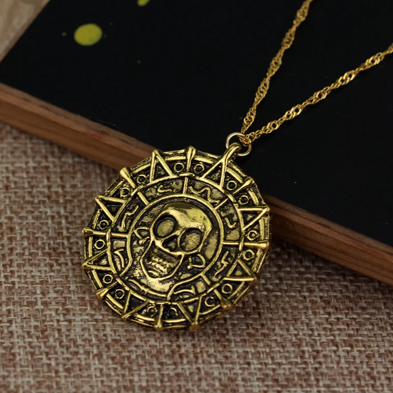 Ожерелье из фильма «Пираты Карибского моря», ацтекская монета, винтажное золотое ожерелье с подвеской в виде черепа капитана Джека Воробья, медальона для мужчин