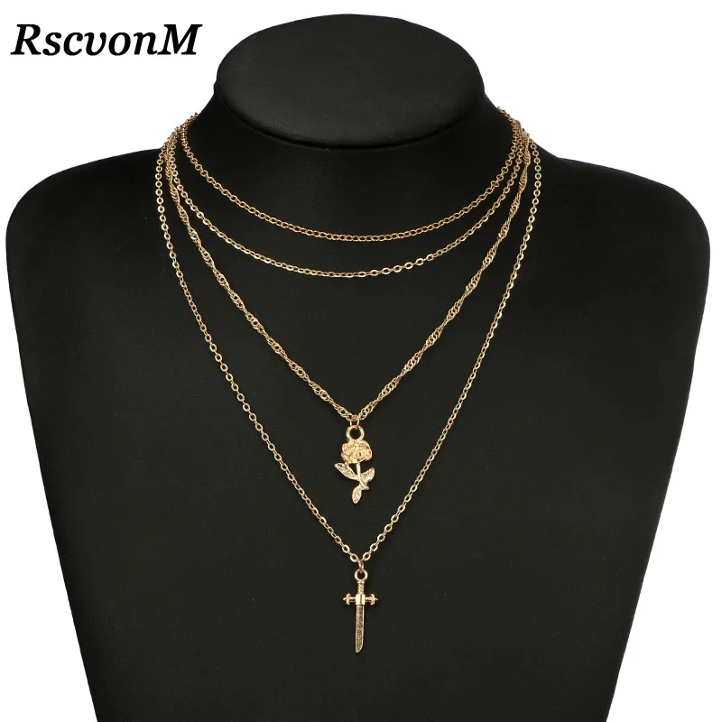 RscvonM, новинка, крест с цветами розы, кулон, длинное ожерелье для женщин, девушек, Трендовое, золотое, многослойное, ожерелье на цепочке, s ювелирное изделие