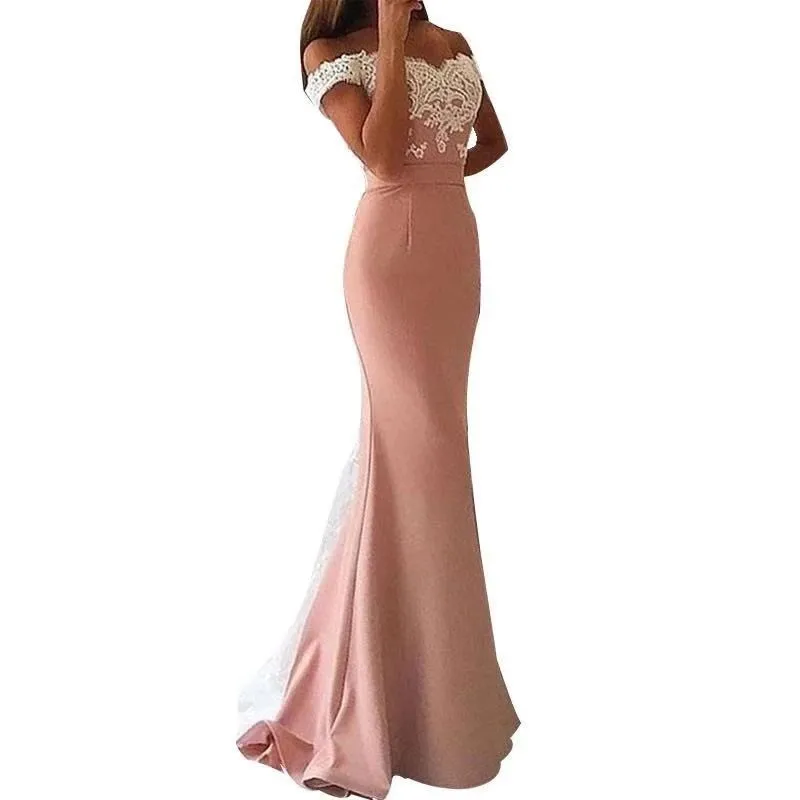 

Off The Shoulder Lace Applique Satin Mermaid Bridesmaid Gown Silver/Coral/Pink Cheap Lace Bridesmaid Dresses Fast Shipping