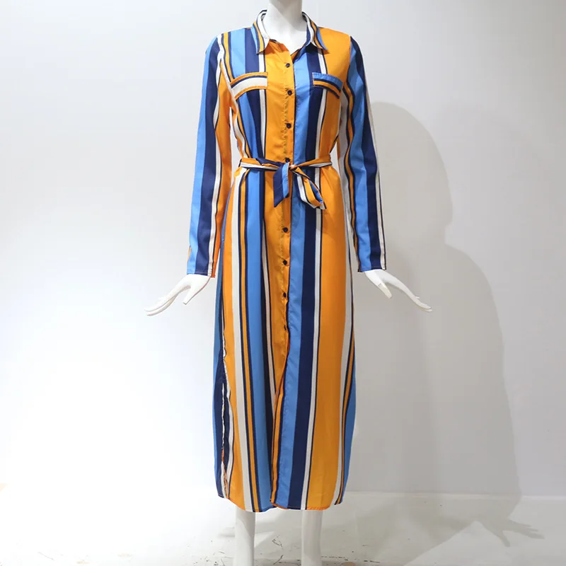 

Summer new fashion women's striped long section high waist lace ladies chiffon shirt shirt temperament casual dress