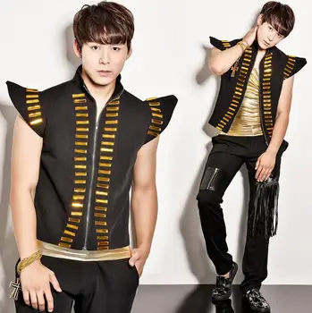 Costume male gold beads sleeveless vest men slim basic mens black vests set performance wear fashion dance singer stage rock
Costume male gold beads sleeveless vest men slim basic mens black vests set performance wear fashion dance singer stage rock