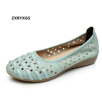 

HOT 2019 New Soft Real Leather Shoes Summer Women Sandals Flat Comfort Breathable Hollow Summer Shoes Women Sandals Plus Size