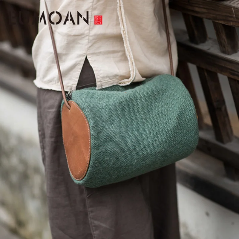 

EUMOAN Literary bucket canvas bag, retro simple cotton linen bag, one-shoulder slanted woman bag