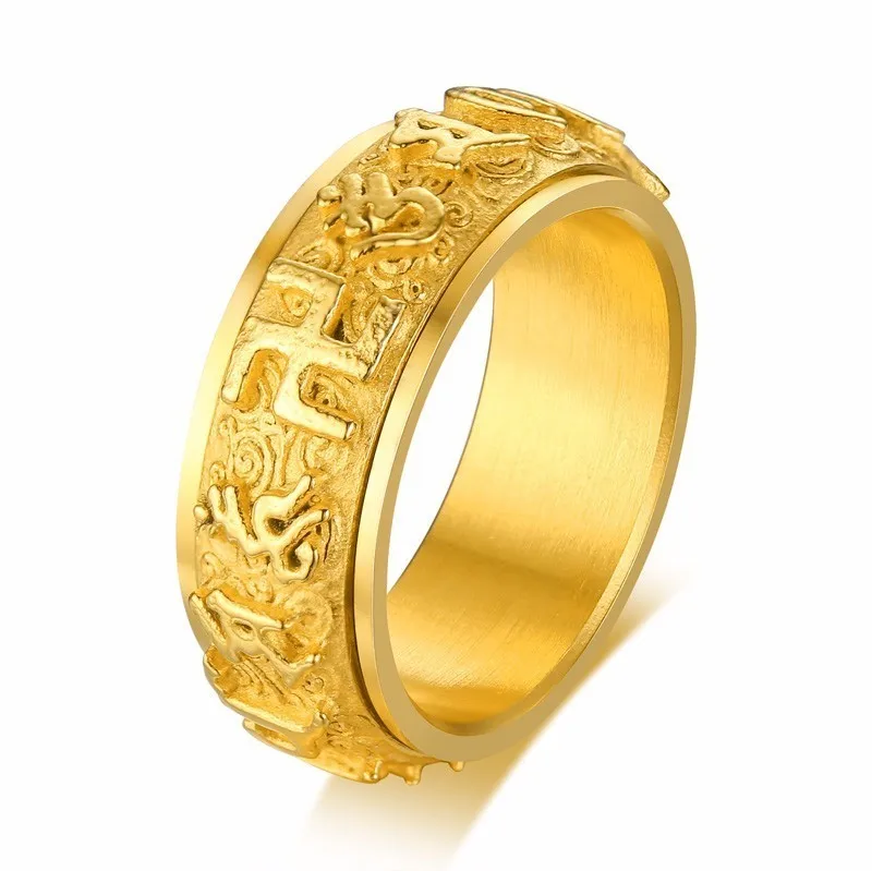 Винтажное вращающееся кольцо мантра Амулет из нержавеющей стали для мужчин Тибетский буддизм Свастика Ом Мани Падме Хум мужской подарок - Цвет основного камня: GOLD
