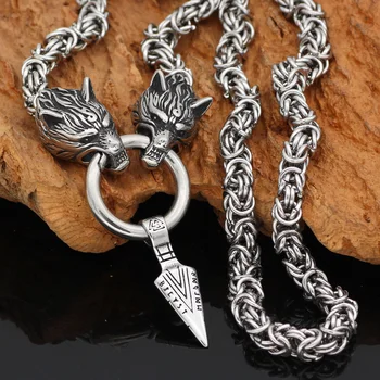 

Nordic viking wolf with odin sword Gungnir necklace Stainless steel for men -king chain with valknut gift bag