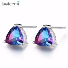 LUOTEEMI, 925 пробы, серебряные треугольные геометрические разноцветные кубические циркониевые серьги-гвоздики для женщин, девушек, элегантные вечерние, роскошный подарок