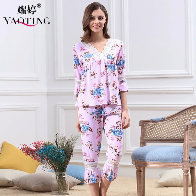 Buy Women's Fashion Flower Print Cotton Summer Pajamas