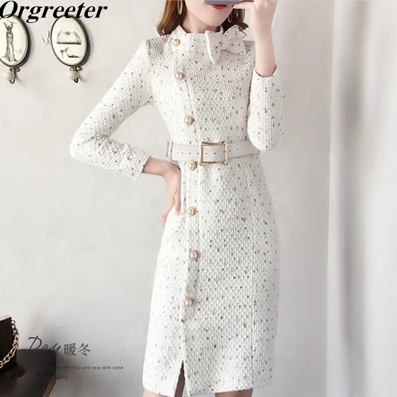 

New Arrival Fitted Elegant Women Dress Pearl Button Tweed Dress Sexy Split Long Sleeve With Belt Pencil Dress Plus Size S-XXL
