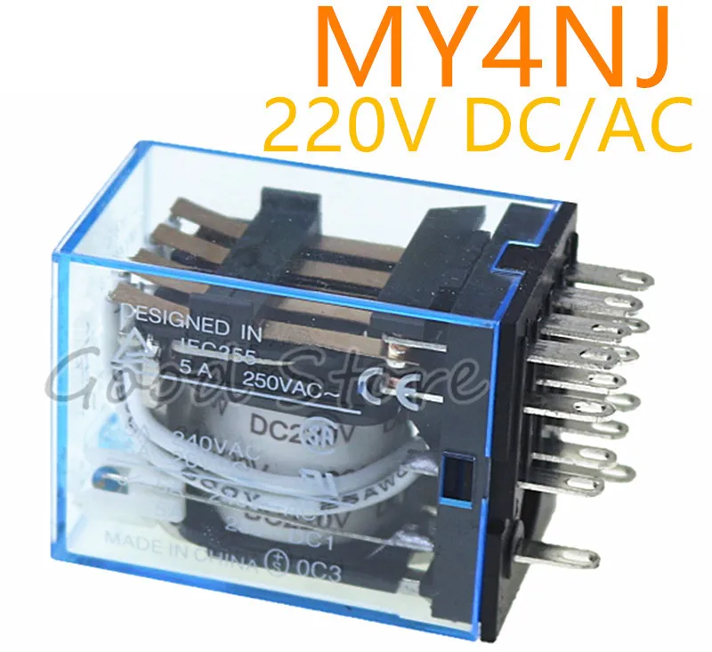 

1Pc MY4NJ Electronic Micro Mini Electromagnetic Relay 5A 14PIN Coil 4DPDT AC/DC 220V Green LED Indicator Relay Switch