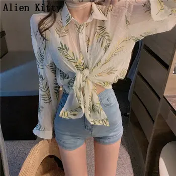 

Alien Kitty Fresh Sunscreen Tops Sweet Simple Casual Loose 2019 Summer Print Leaves All-Match Simple Sweet Short Sleeves Shirt