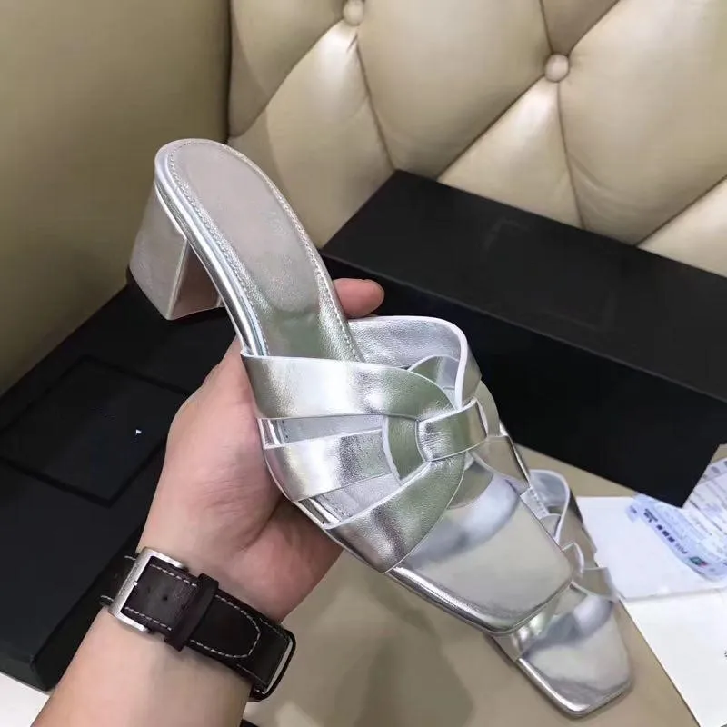 

Cross-tied Women Slippers 2019 Luxury Design Open Toe Woman Slides Summer Shoes Square Heel Genuine Leather Outdoor Sandals