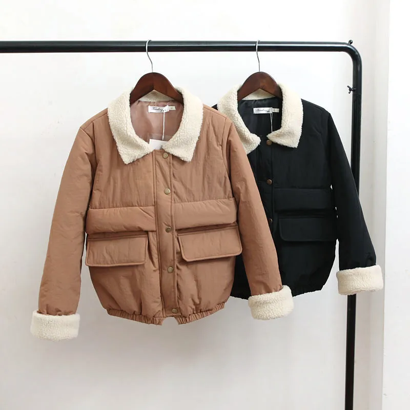 down puffer coat High Quality Wool Women Parkas Turn-down Collar Winter Short Coats Cotton Brown Vintage Jackets Fashion Coats Lu11 35 black puffer