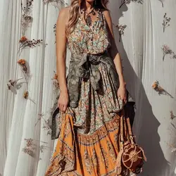 Элегантные расклешенные Длинные платья 2018 лето без рукавов Boho цветочный принт платья для женщин для пляжной вечеринки богемное хиппи Vestido