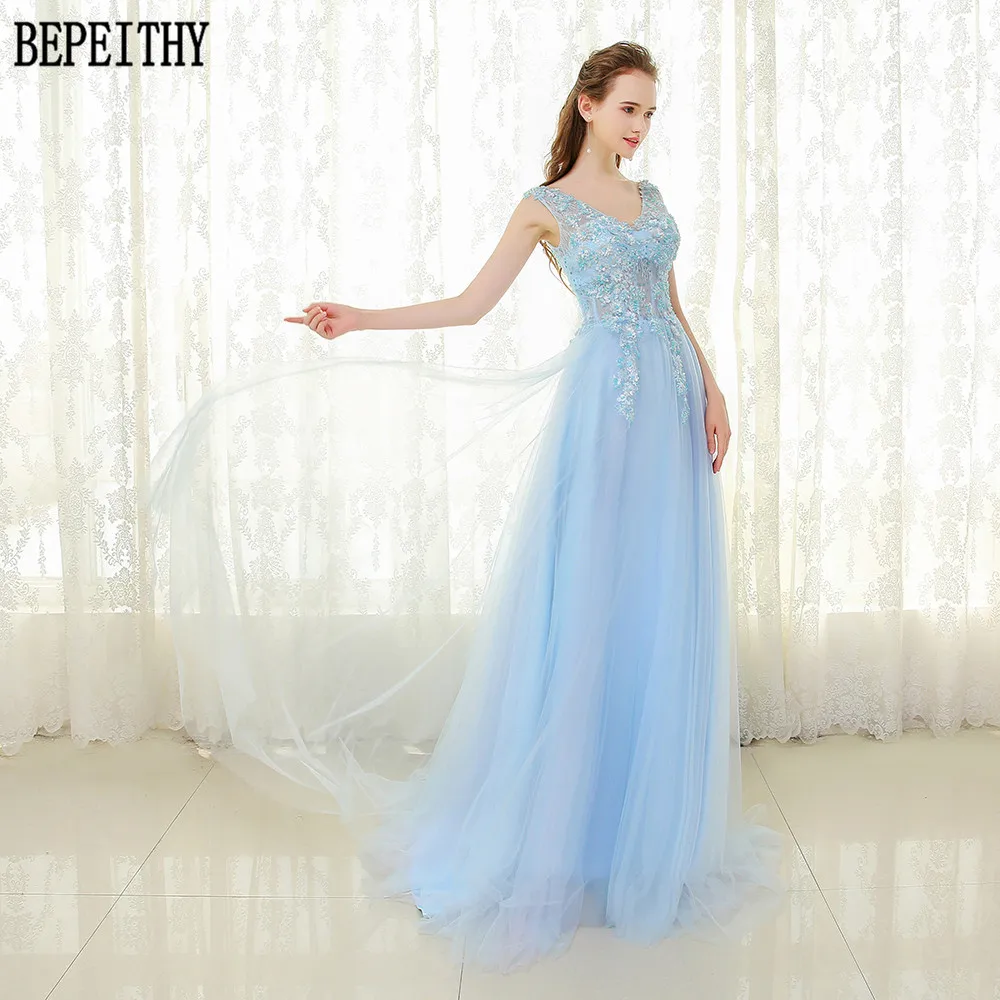 BEPEITHY Новое поступление vestido de festa А-силуэт Небесно-Голубой тюль v-образный Вырез Кружева Бисер Аппликация вечернее платье длинное платье для выпускного вечера