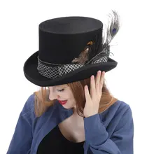 Шерсть черная женская и мужская верхняя одежда в стиле стимпанк шляпа с ручной работы модные перья Fedora Косплей Волшебная Шляпа Топ 13,5 см 4 размера
