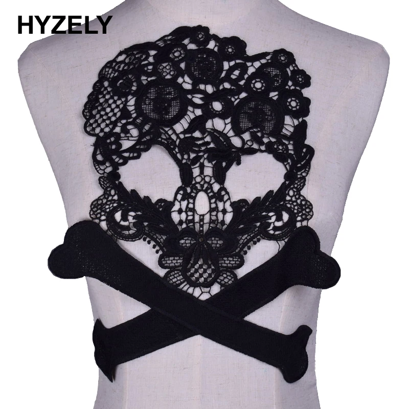 Black Skull Punk Embroidered Lace Fabric Trim DIY Neckline Collar Costume Decoration Sew On Dress Clothing Applique BW086