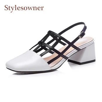 

Stylesowner spring new slingback high heel shoes square baotou chunky heel pumps sexy lady narrow band hollow summer shoes